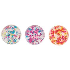 balle rebondissante translucide avec des pois multicolores