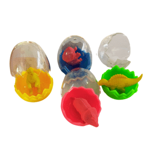 gomme en forme de dinosaure dans oeuf transparent